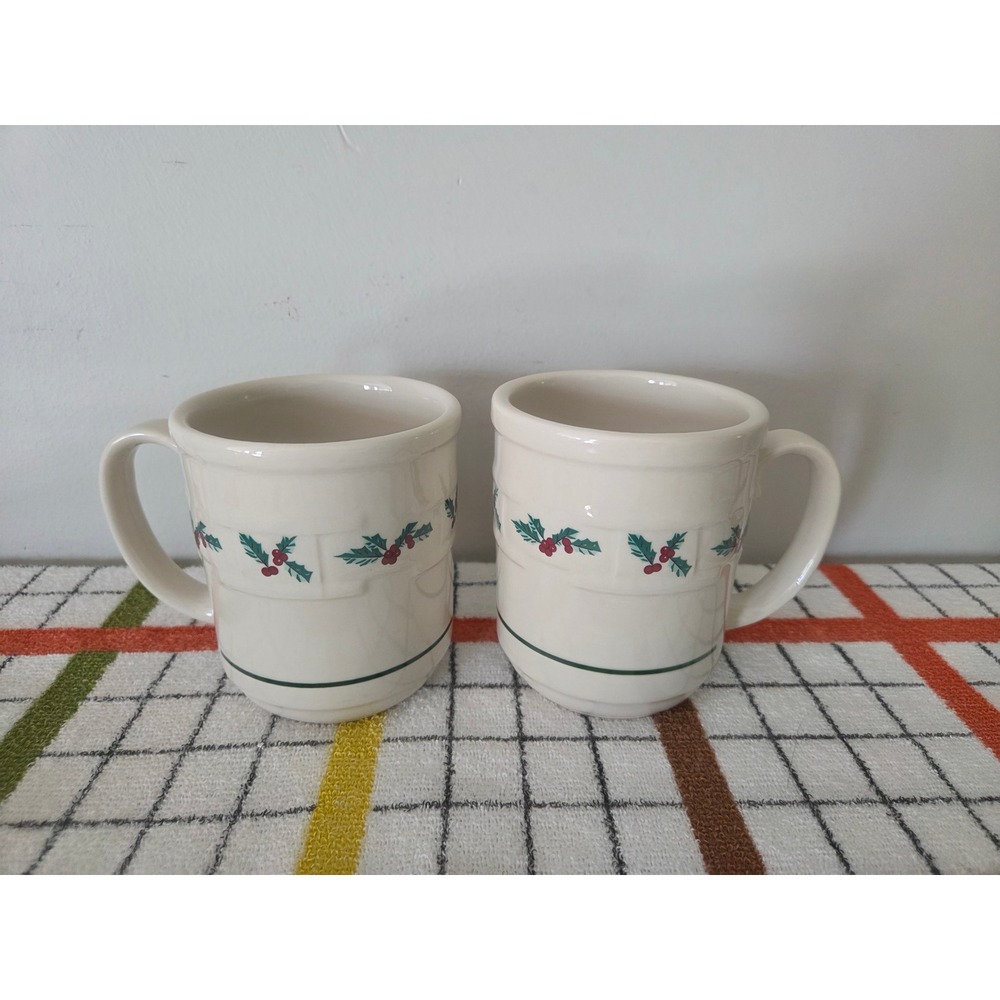 Longaberger Pottery Christmas Holly Mugs Set of 2 Cream Green Basketweave USA